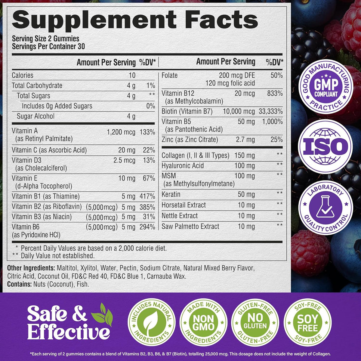Biotin Gummies with Collagen - Hair Growth Support Skin, & Nail Strength - for Women & Men - 60 Gummy-USA made