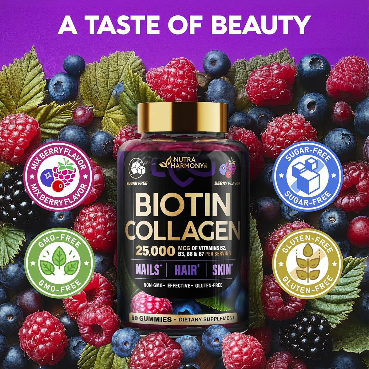 Biotin Gummies with Collagen - Hair Growth Support Skin, & Nail Strength - for Women & Men - 60 Gummy-USA made