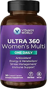 Vitamin World Ultra 360 Multivitamin for Women One Daily, Stress Support | Women's Multivitamin with Collagen, Ashwagandha & Antioxidants, Vitamin A, B, C & D for Energy & Immune Support, 90 Caplets