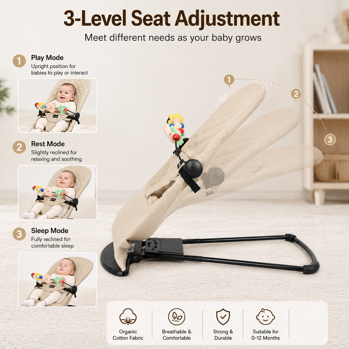 Foldable Baby Bouncer Rocker Chair – Organic Cotton Fabric, 3‑Position Adjustable Seat, Iron Frame, with Toy Bar & 3‑Point Safety Belt – Portable Infant Seat for Newborns 0–12 Months, Max 20KG Load