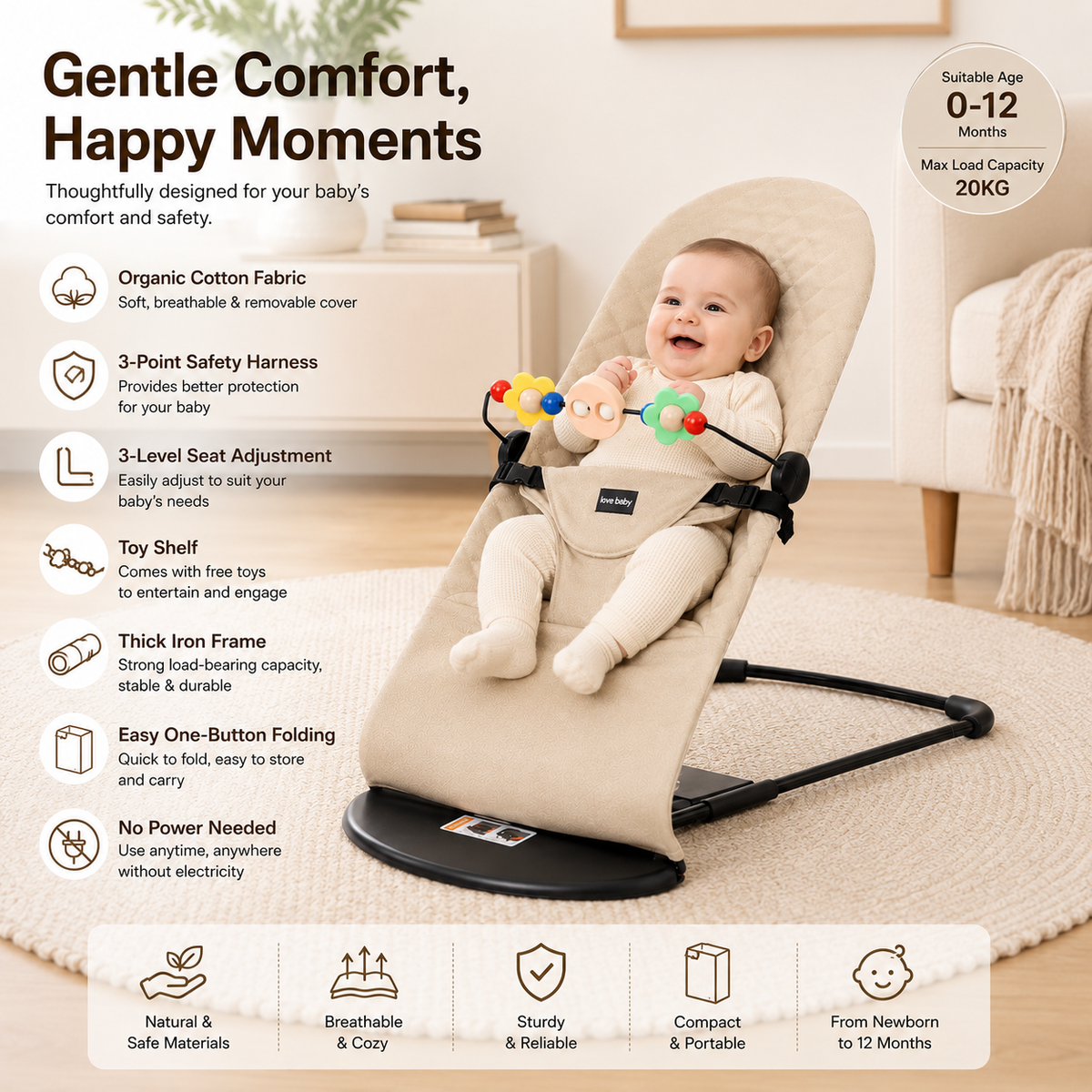 Foldable Baby Bouncer Rocker Chair – Organic Cotton Fabric, 3‑Position Adjustable Seat, Iron Frame, with Toy Bar & 3‑Point Safety Belt – Portable Infant Seat for Newborns 0–12 Months, Max 20KG Load