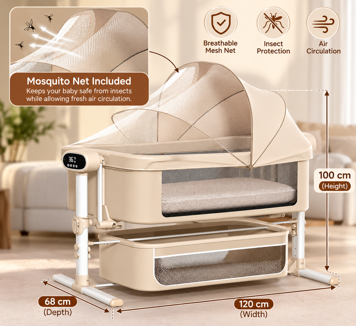BabyGlide Electric Baby Bassinet with 5 Swing Speeds and Mosquito Net,Beige