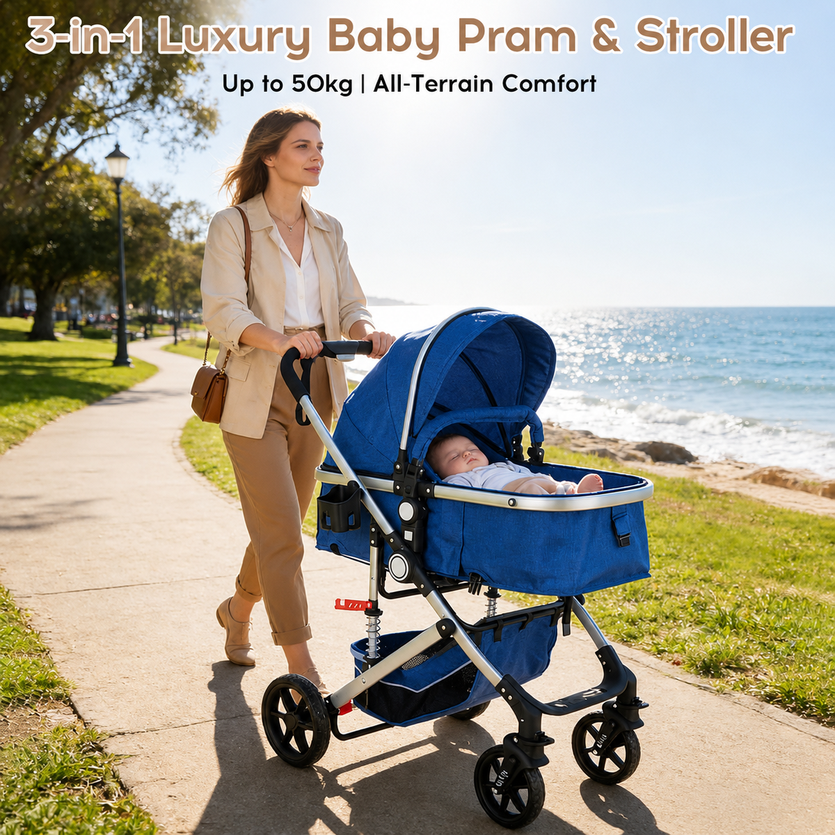 3-in-1 Baby Pram & Stroller, Baby Stroller with Reversible Bassinet, Mother Choice Travel Pram with Spring Shock Absorption, 5-Point Safety Harness, One-Hand Fold, Suitable for Newborn to Toddler