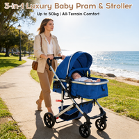 3-in-1 Baby Pram & Stroller, Baby Stroller with Reversible Bassinet, Mother Choice Travel Pram with Spring Shock Absorption, 5-Point Safety Harness, One-Hand Fold, Suitable for Newborn to Toddler
