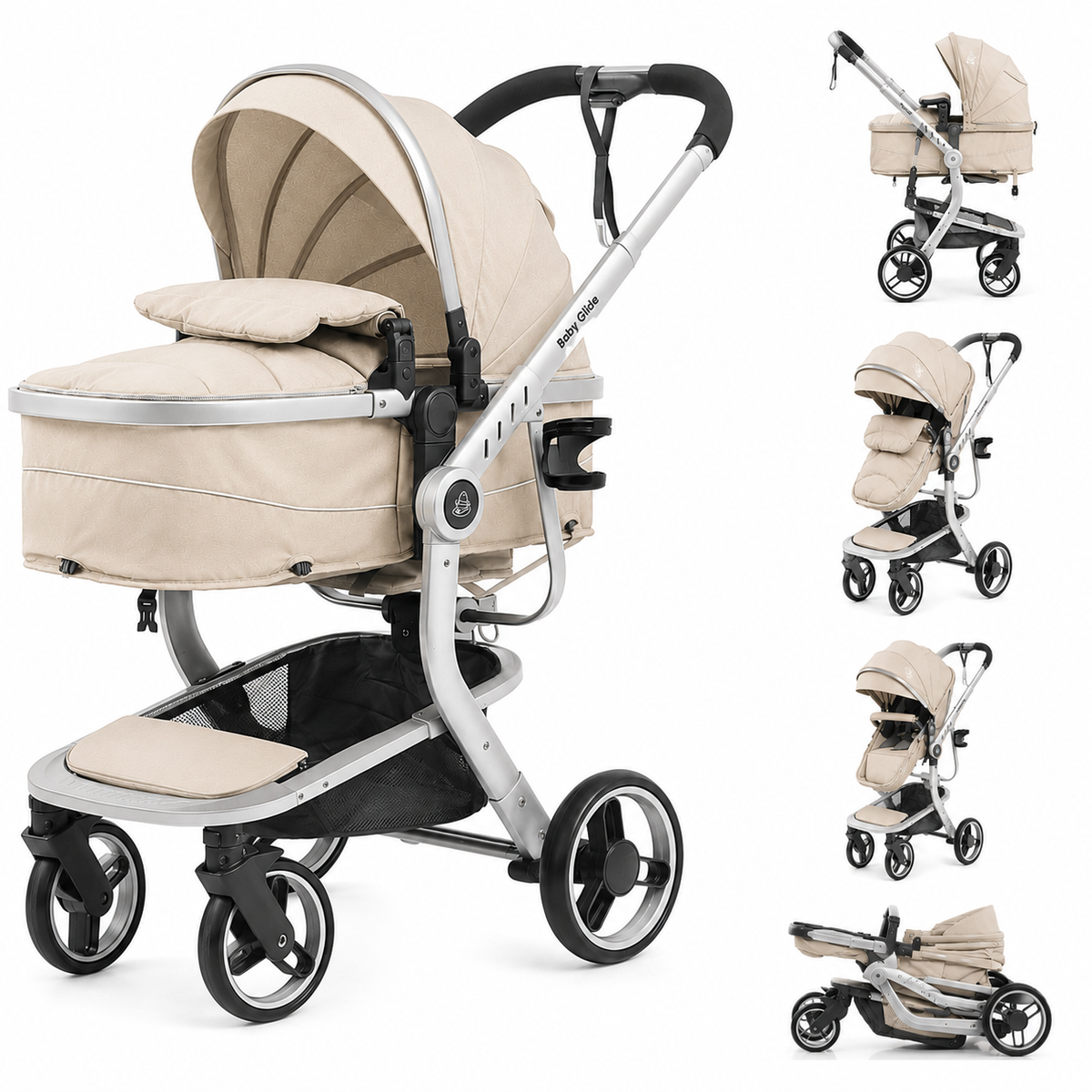 Baby Glide 2-in-1 Luxury Baby Stroller & Bassinet – Reversible Seat, One-Hand Fold, UPF50+ Canopy, Adjustable Handlebar, Large Storage Basket, 5-Point Safety Harness, Lightweight Aluminum Frame (Beige)
