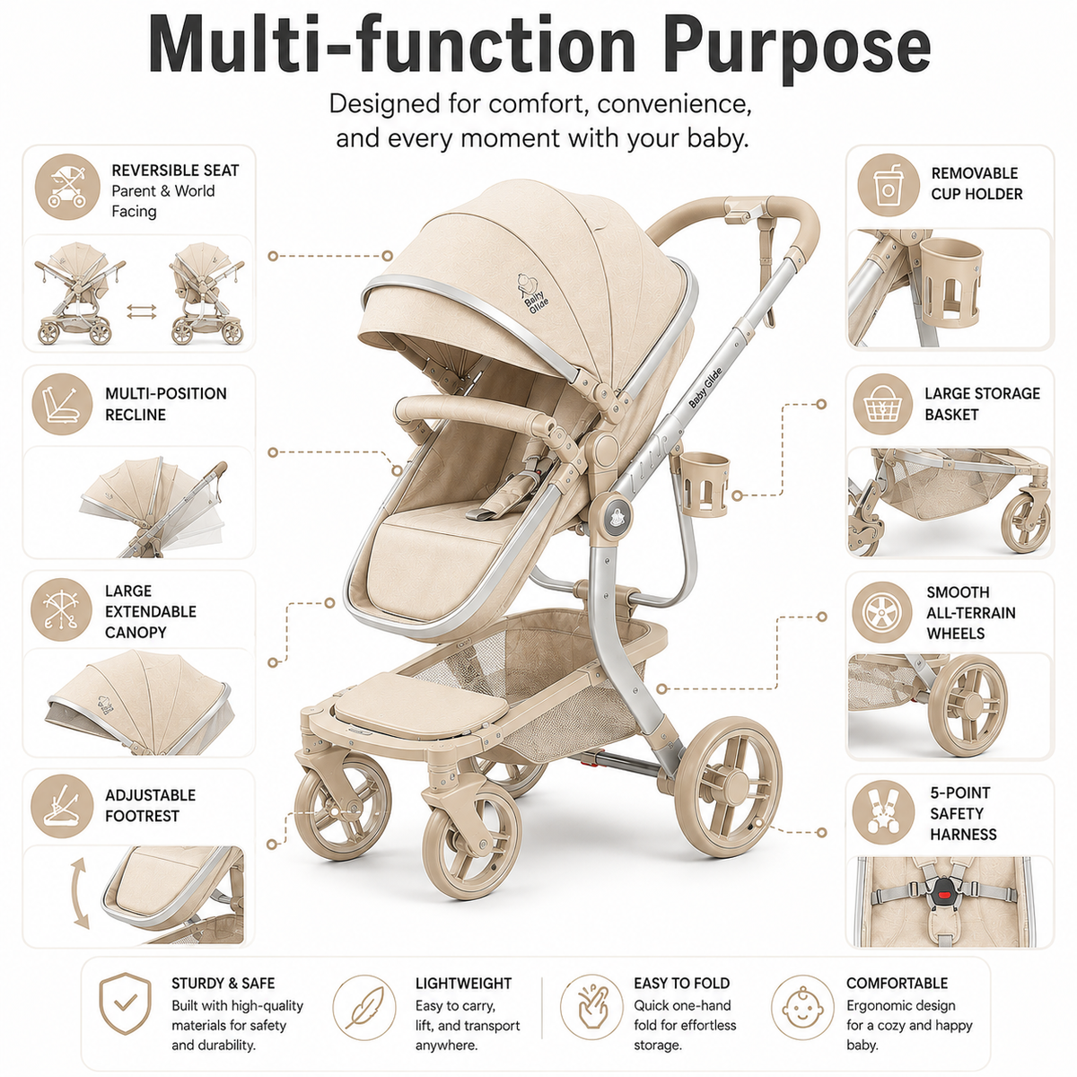 Baby Glide 2-in-1 Luxury Baby Stroller & Bassinet – Reversible Seat, One-Hand Fold, UPF50+ Canopy, Adjustable Handlebar,Lightweight Aluminum Frame (Beige)
