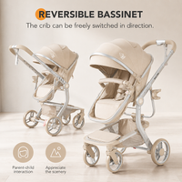 Baby Glide 2-in-1 Luxury Baby Stroller & Bassinet – Reversible Seat, One-Hand Fold, UPF50+ Canopy, Adjustable Handlebar,Lightweight Aluminum Frame (Beige)
