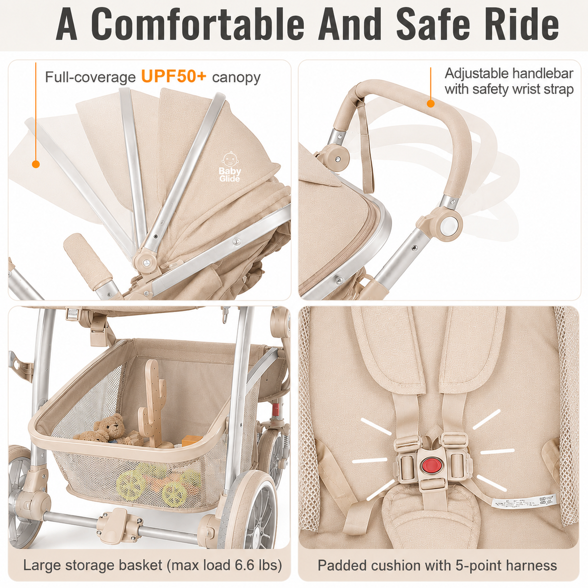 Baby Glide 2-in-1 Luxury Baby Stroller & Bassinet – Reversible Seat, One-Hand Fold, UPF50+ Canopy, Adjustable Handlebar,Lightweight Aluminum Frame (Beige)