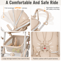 Baby Glide 2-in-1 Luxury Baby Stroller & Bassinet – Reversible Seat, One-Hand Fold, UPF50+ Canopy, Adjustable Handlebar,Lightweight Aluminum Frame (Beige)