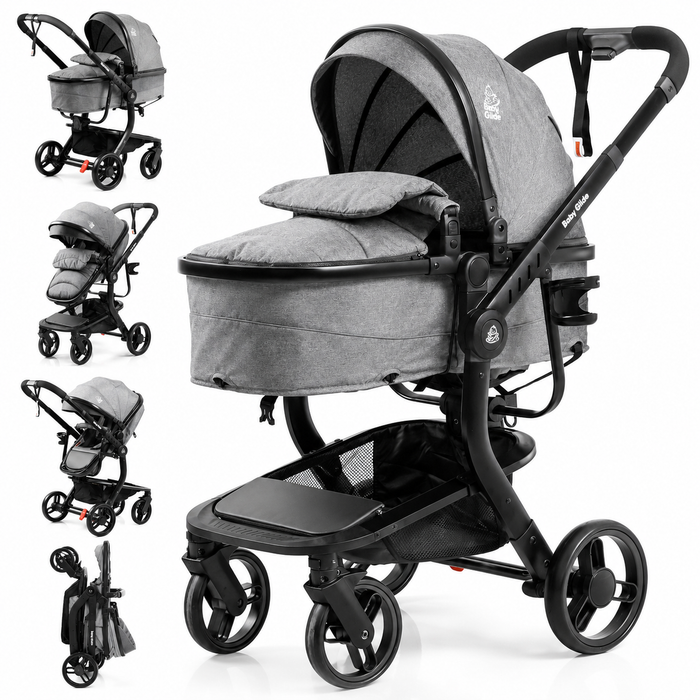 Baby Glide Luxury Reversible Baby Stroller – High Landscape Pram with Adjustable Push Handle, One-Hand Fold, Large Storage Basket, 5-Point Safety Harness, Extendable Canopy, Cup Holder & Australian Standard Tested