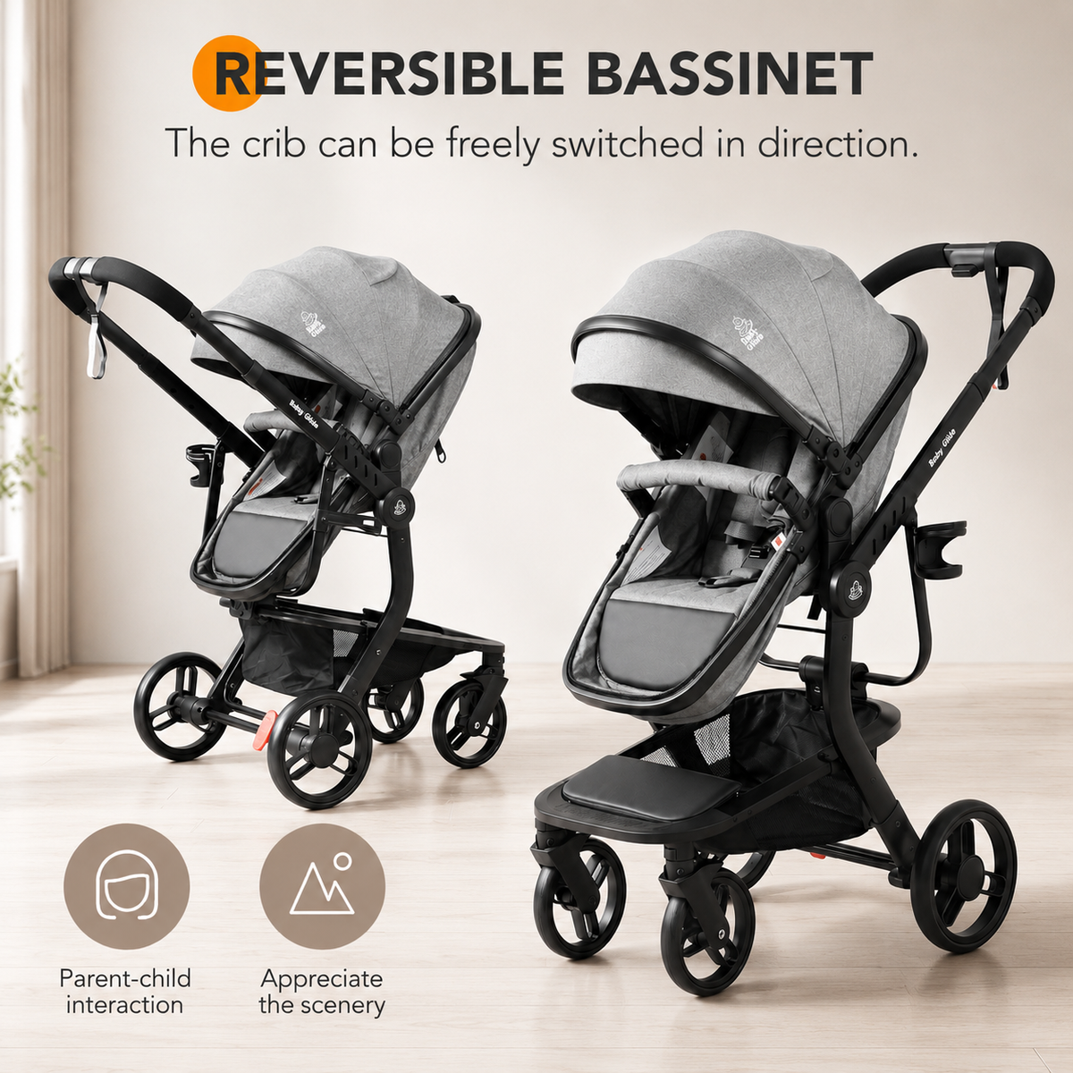Baby Glide Luxury Reversible Baby Stroller – High Landscape Pram with Adjustable Push Handle, One-Hand Fold