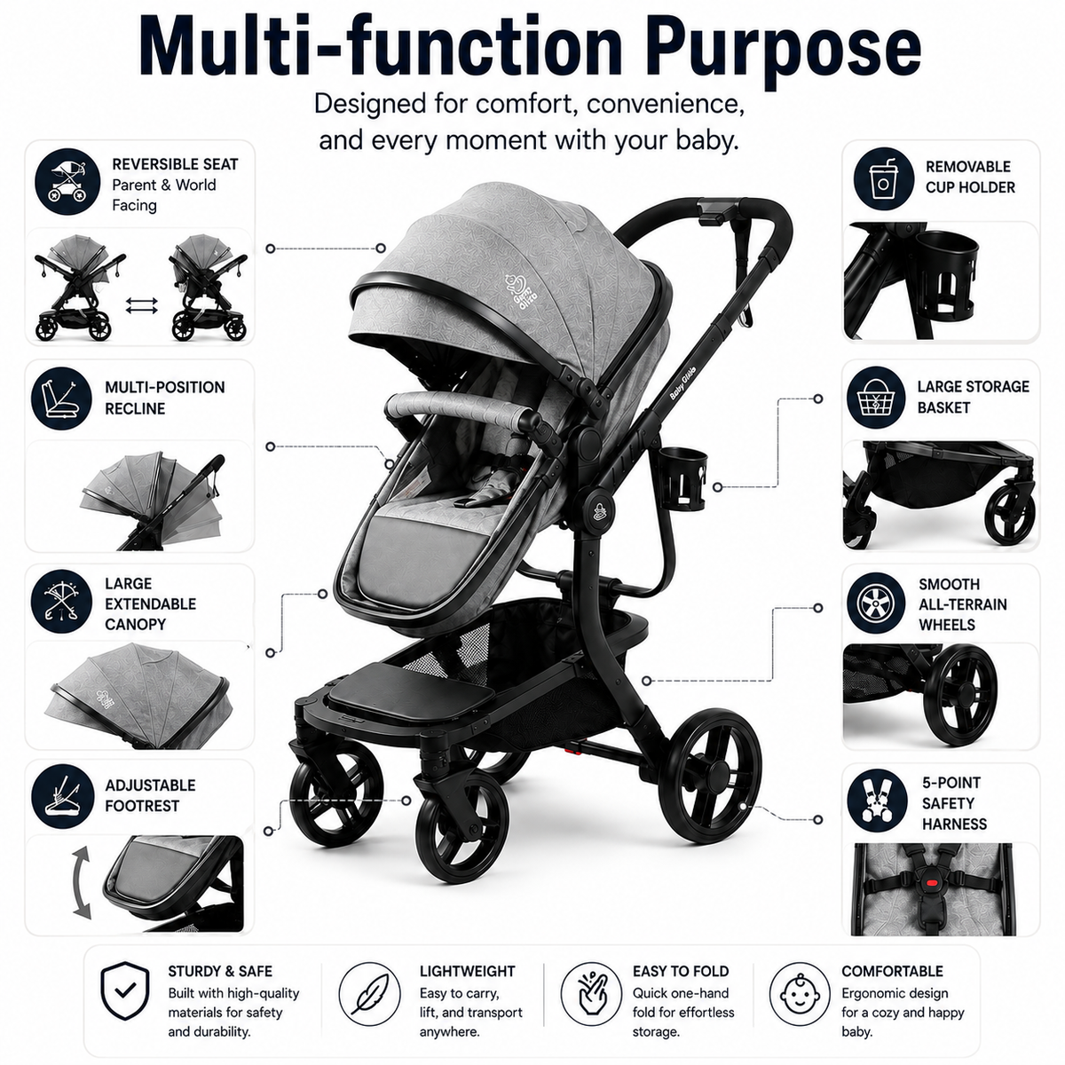 Baby Glide Luxury Reversible Baby Stroller – High Landscape Pram with Adjustable Push Handle, One-Hand Fold