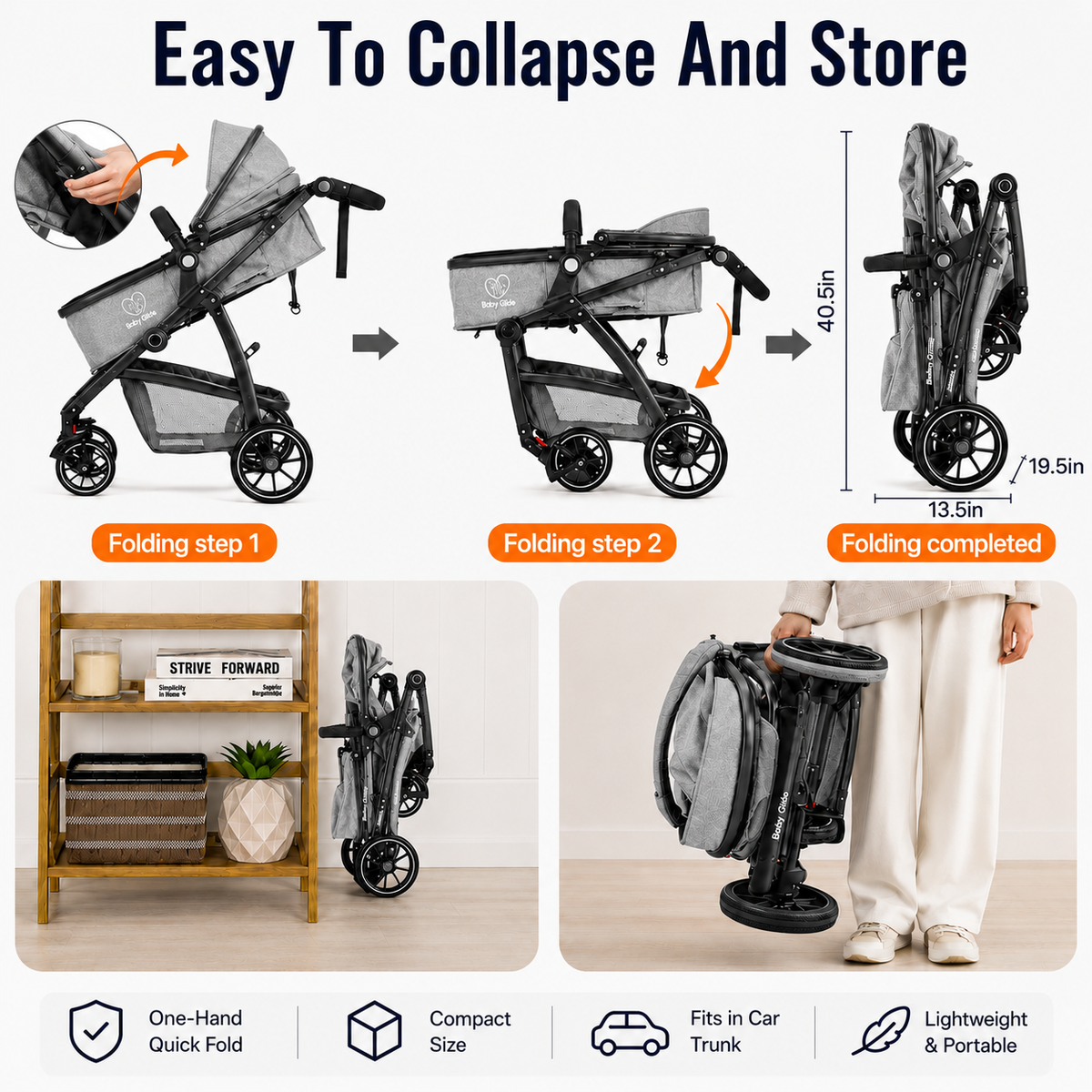 Baby Glide Luxury Reversible Baby Stroller – High Landscape Pram with Adjustable Push Handle, One-Hand Fold