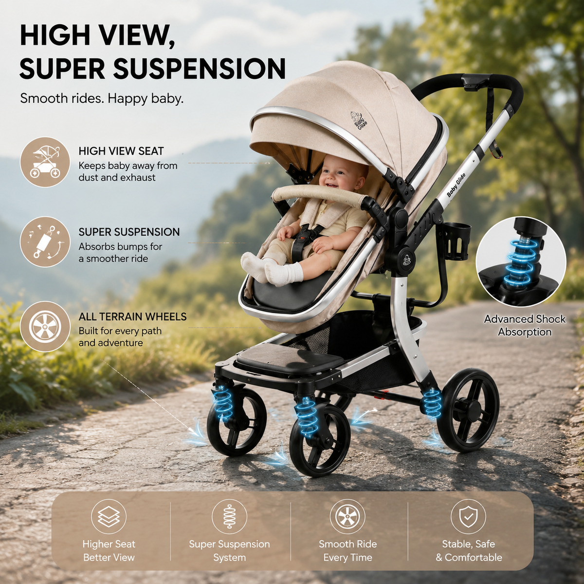Luxury High Landscape Baby Stroller & Bassinet Travel System | One-Button Fold | High View | Australian Standard Certified | Baby Glide Beige Stroller