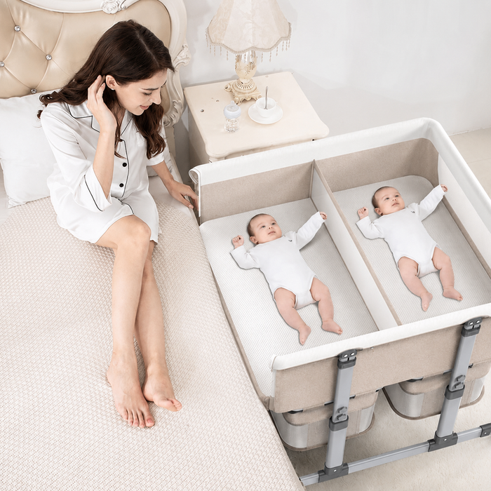 Twin Bassinet,Cosleeper Bassinet Bed Side Baby Bassinet with Storage Basket 6 Height Adjustable Anti-Emesis Side Sleeper Bassinet for Baby 1 to 36 Months Khaki