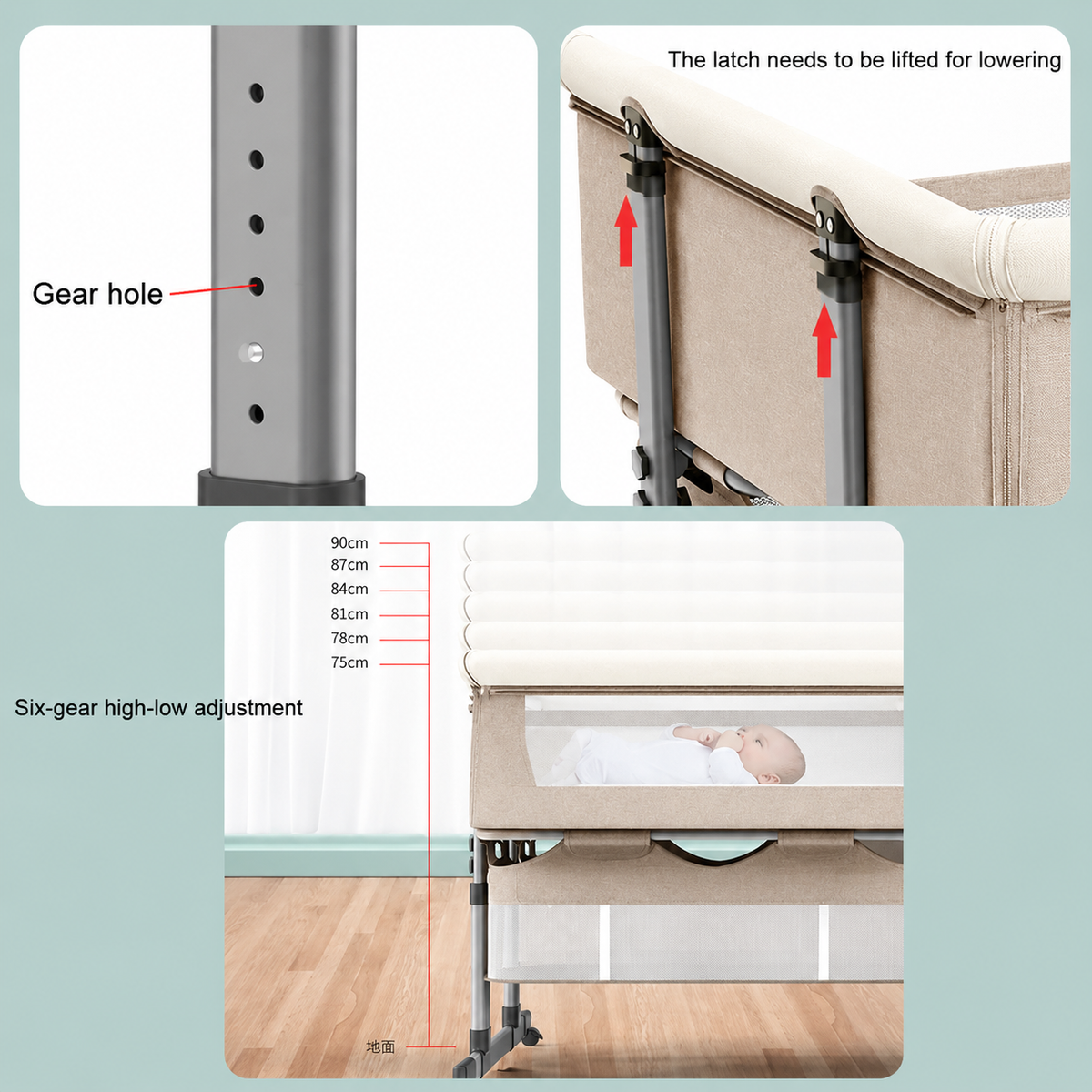 Twin Bassinet,Cosleeper Bassinet Bed Side Baby Bassinet with Storage Basket 6 Height Adjustable Anti-Emesis Side Sleeper Bassinet for Baby 1 to 36 Months Khaki