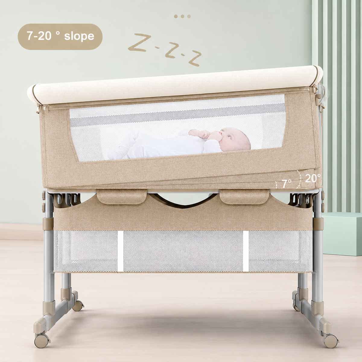 Twin Bassinet,Cosleeper Bassinet Bed Side Baby Bassinet with Storage Basket 6 Height Adjustable Anti-Emesis Side Sleeper Bassinet for Baby 1 to 36 Months Khaki