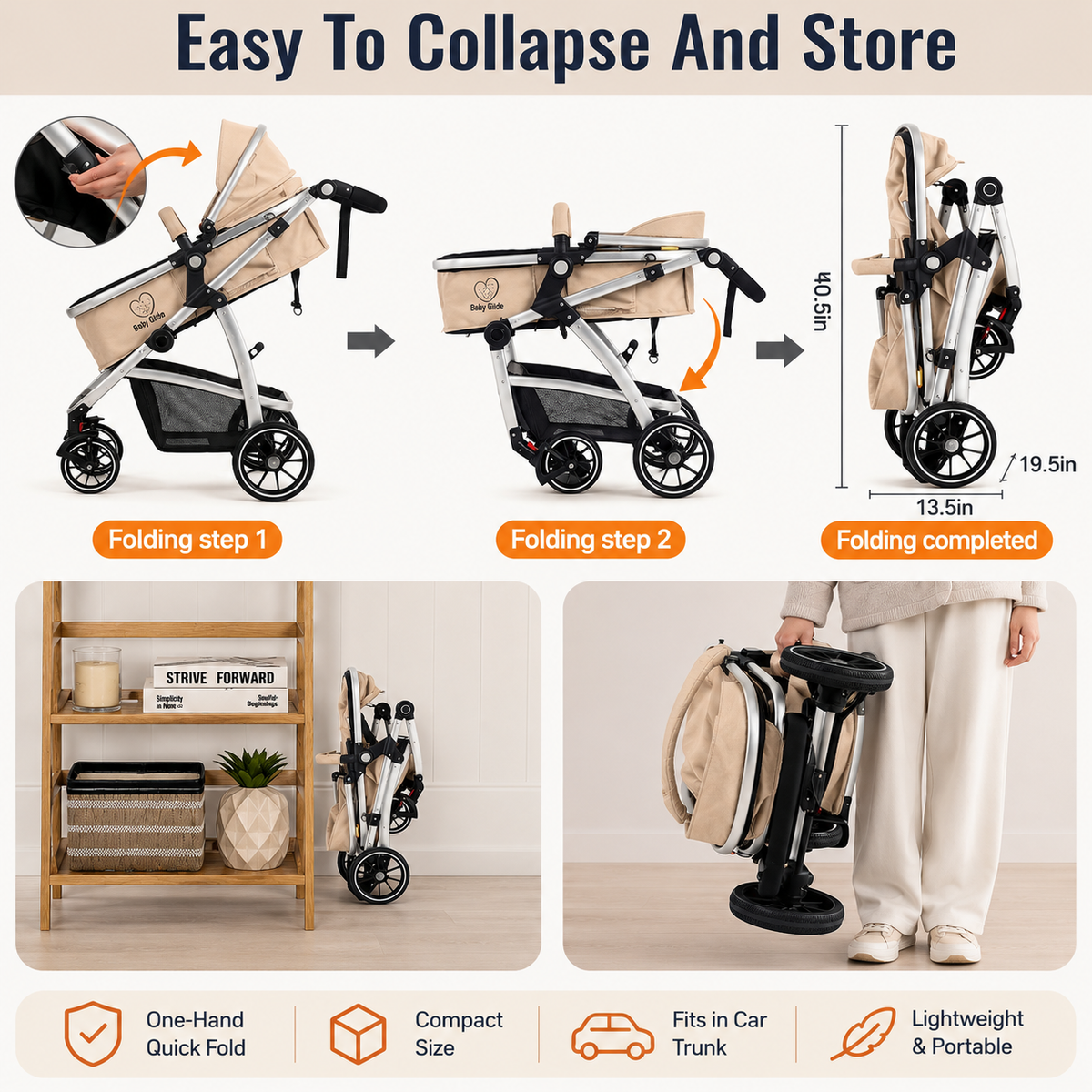 Luxury High Landscape Baby Stroller & Bassinet Travel System | One-Button Fold | High View | Australian Standard Certified | Baby Glide Beige Stroller