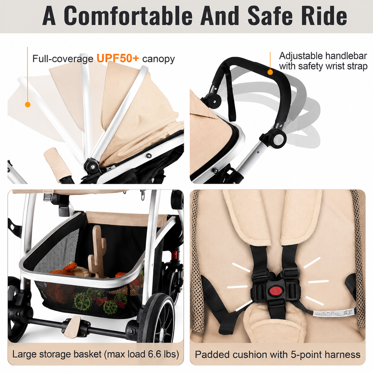 Luxury High Landscape Baby Stroller & Bassinet Travel System | One-Button Fold | High View | Australian Standard Certified | Baby Glide Beige Stroller