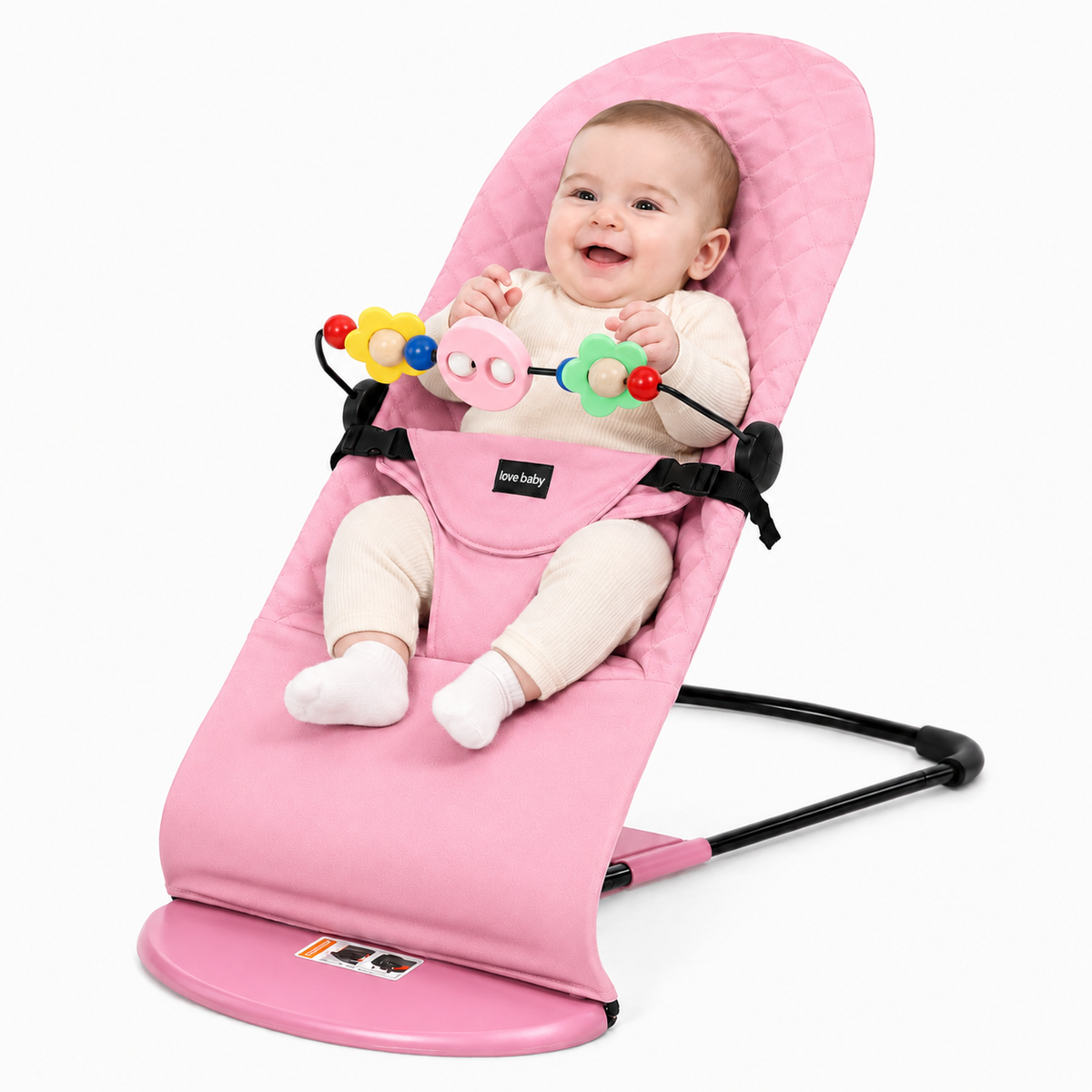 Foldable Baby Bouncer Rocker Chair – Organic Cotton Fabric, 3‑Position-Pink