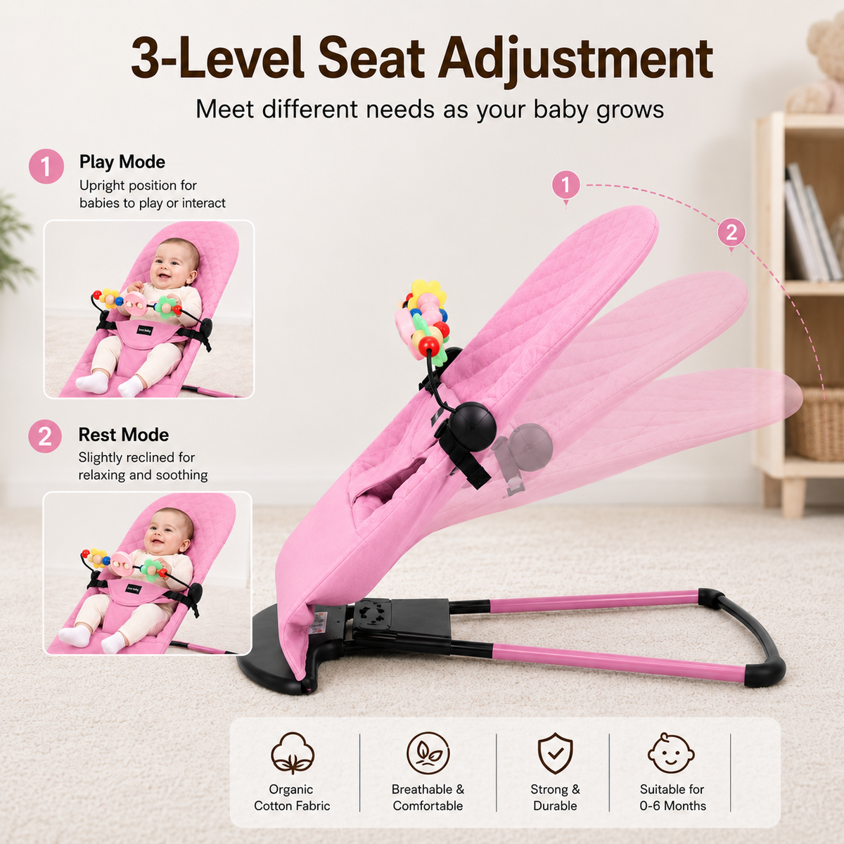Foldable Baby Bouncer Rocker Chair – Organic Cotton Fabric, 3‑Position-Pink
