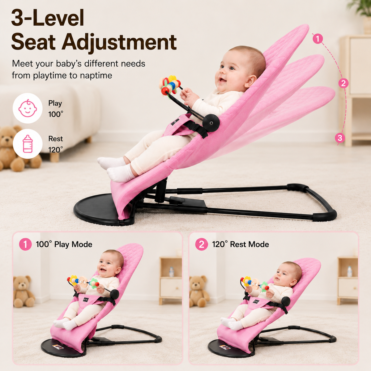 Foldable Baby Bouncer Rocker Chair – Organic Cotton Fabric, 3‑Position-Pink