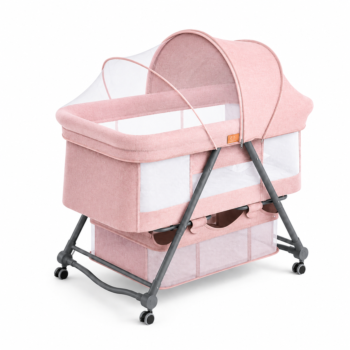 Pink Baby Bassinet Bedside Sleeper with Mosquito Net, Portable Folding Crib, Breathable Mesh Sides, Storage Basket & Lockable Wheels for Newborns and Infants