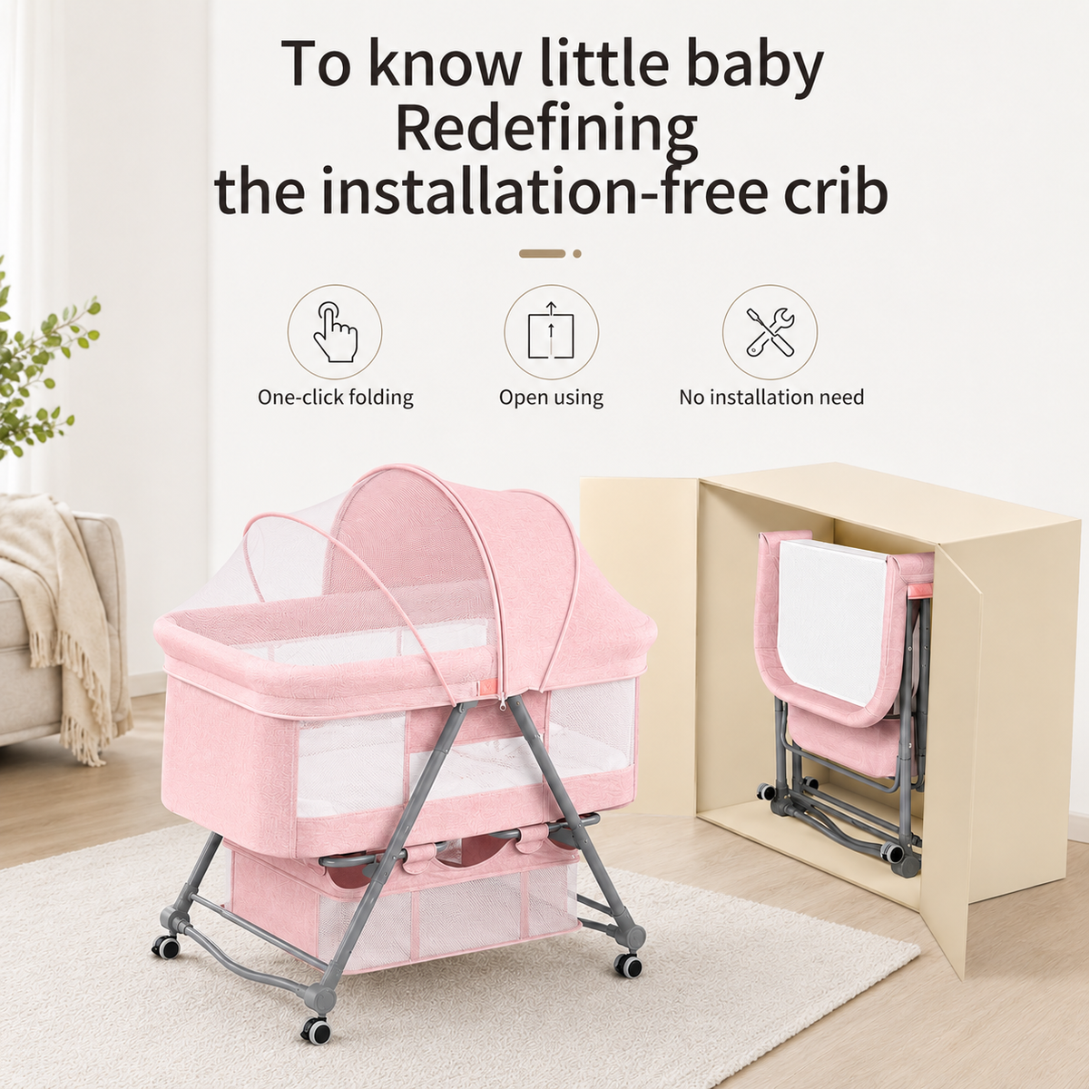 Pink Baby Bassinet Bedside Sleeper with Mosquito Net, Portable Folding Crib, Breathable Mesh Sides, Storage Basket & Lockable Wheels for Newborns and Infants