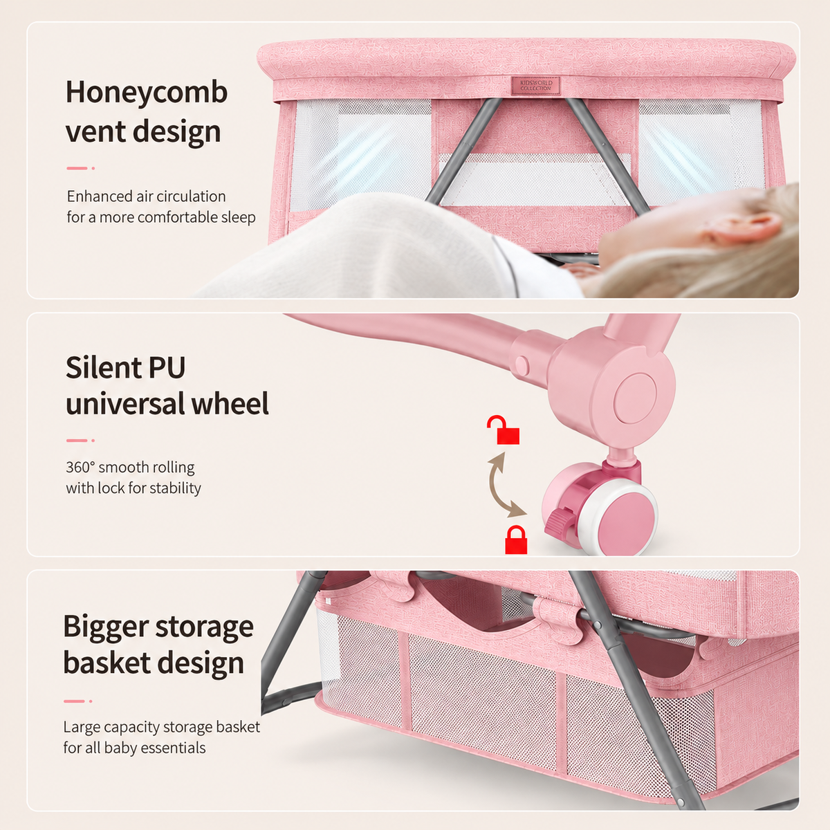 Pink Baby Bassinet Bedside Sleeper with Mosquito Net, Portable Folding Crib, Breathable Mesh Sides, Storage Basket & Lockable Wheels for Newborns and Infants
