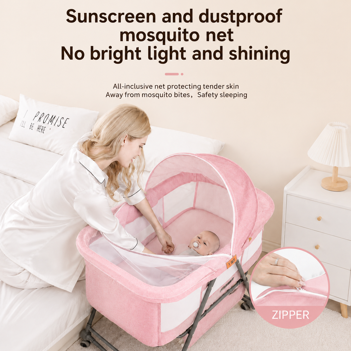 Pink Baby Bassinet Bedside Sleeper with Mosquito Net, Portable Folding Crib, Breathable Mesh Sides, Storage Basket & Lockable Wheels for Newborns and Infants