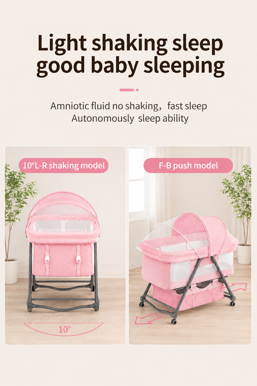Pink Baby Bassinet Bedside Sleeper with Mosquito Net, Portable Folding Crib, Breathable Mesh Sides, Storage Basket & Lockable Wheels for Newborns and Infants