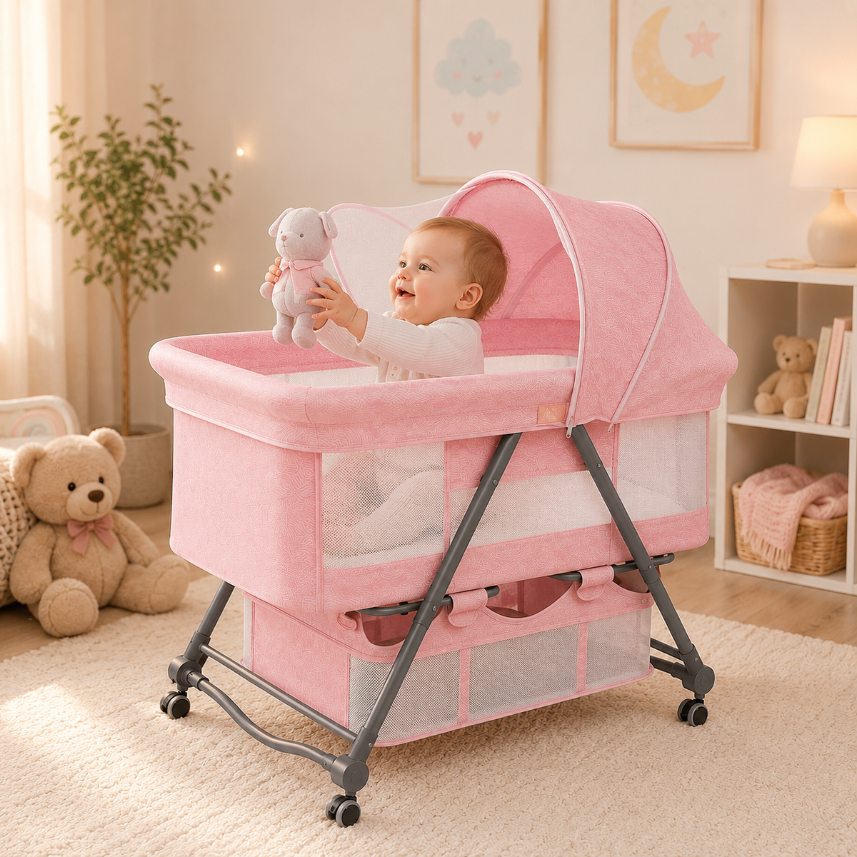 Pink Baby Bassinet Bedside Sleeper with Mosquito Net, Portable Folding Crib, Breathable Mesh Sides, Storage Basket & Lockable Wheels for Newborns and Infants
