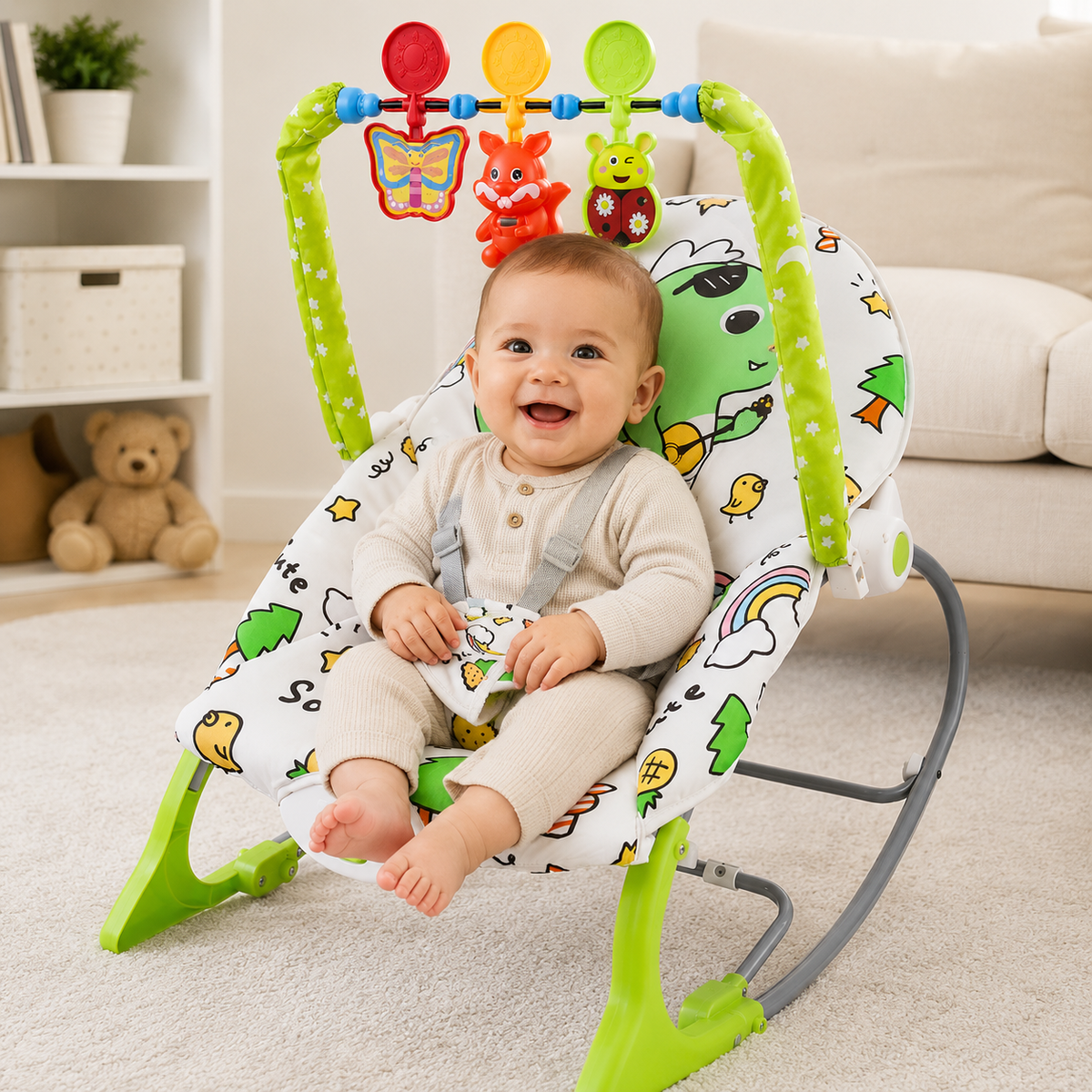 Baby Rocker Bouncer Chair with Human-Like Vibration, 3-Point Safety Harness, Interactive Toy Bar & Comfortable Infant Seat for Newborns and Babies