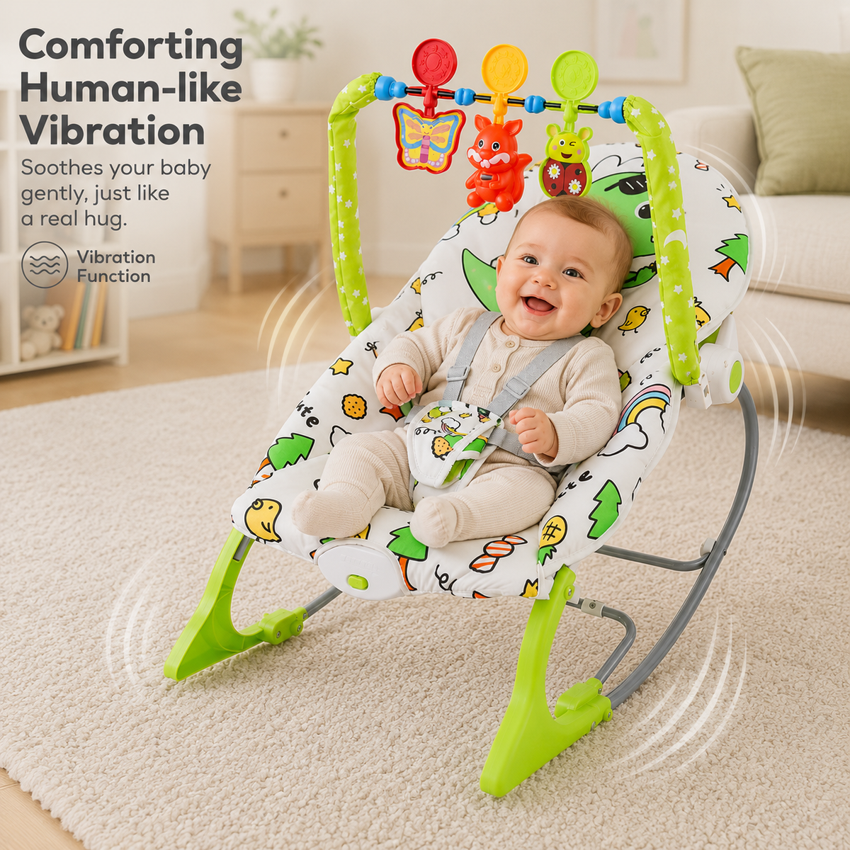 Baby Rocker Bouncer Chair with Human-Like Vibration, 3-Point Safety Harness, Interactive Toy Bar & Comfortable Infant Seat for Newborns and Babies