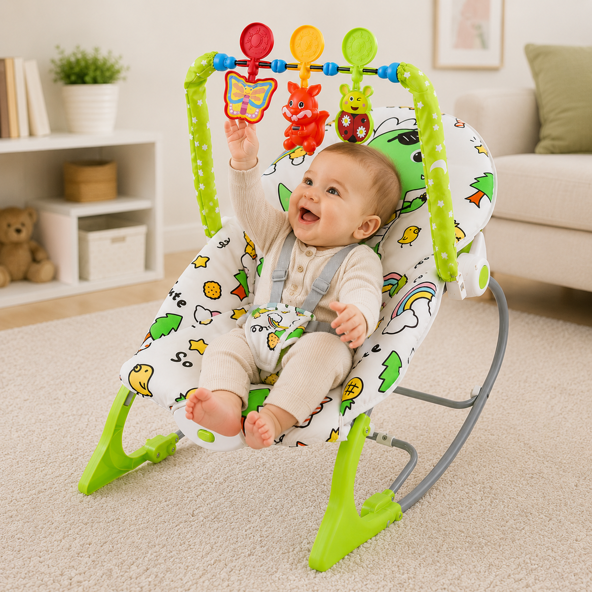 Baby Rocker Bouncer Chair with Human-Like Vibration, 3-Point Safety Harness, Interactive Toy Bar & Comfortable Infant Seat for Newborns and Babies