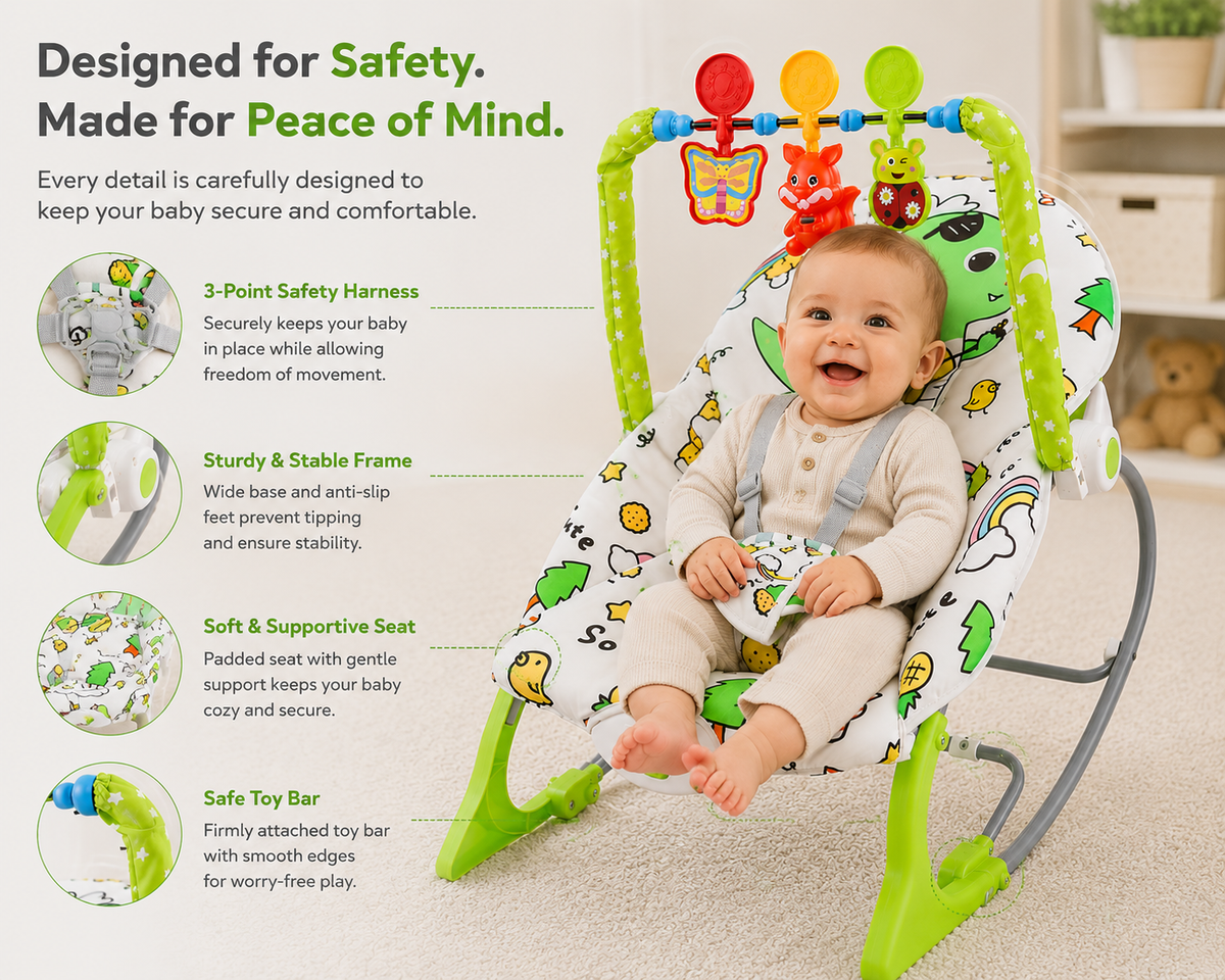 Baby Rocker Bouncer Chair with Human-Like Vibration, 3-Point Safety Harness, Interactive Toy Bar & Comfortable Infant Seat for Newborns and Babies