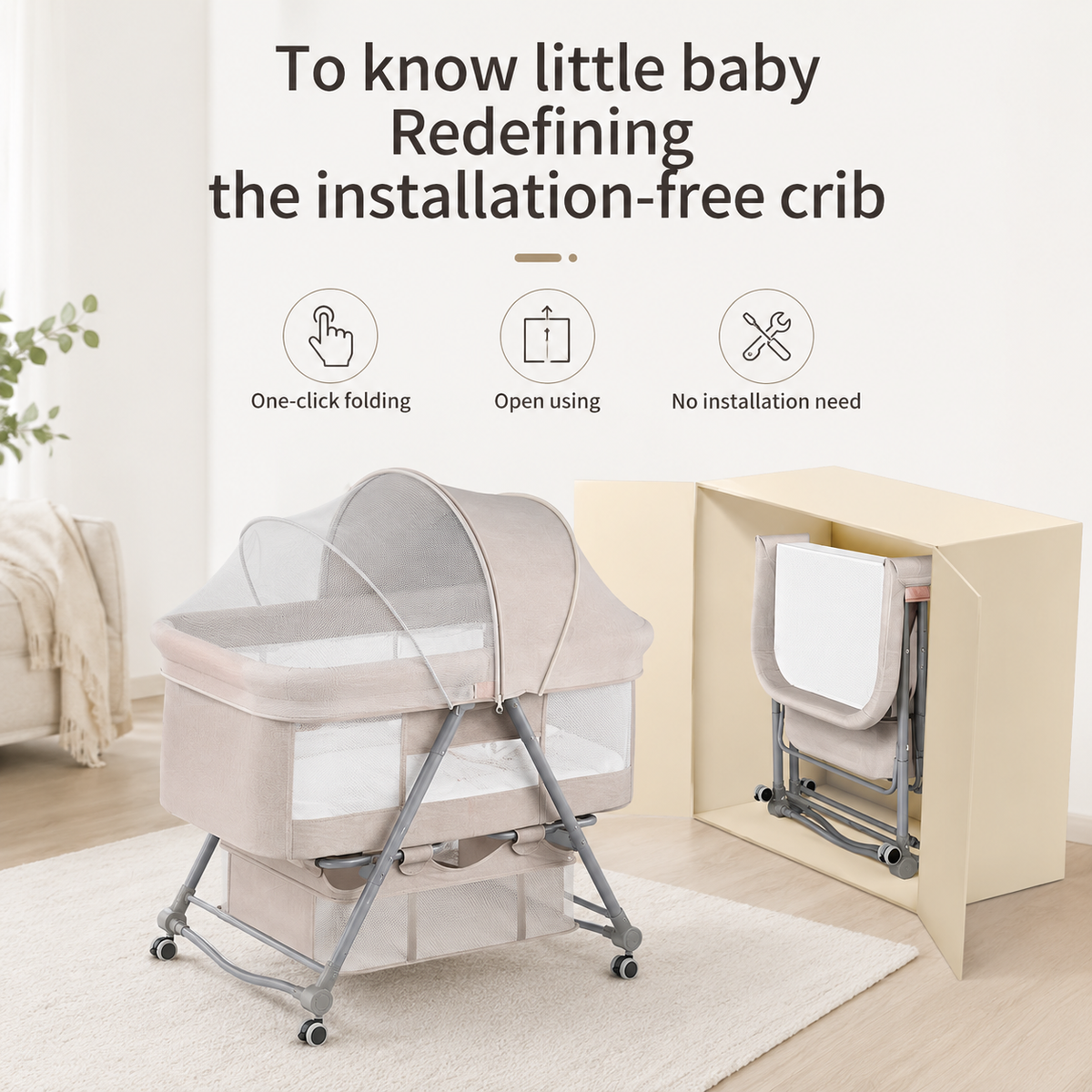 Baby Bassinet Bedside Sleeper with Mosquito Net, Portable Folding Crib, Breathable Mesh Sides, Storage Basket & Lockable Wheels for Newborns and Infants,Grey