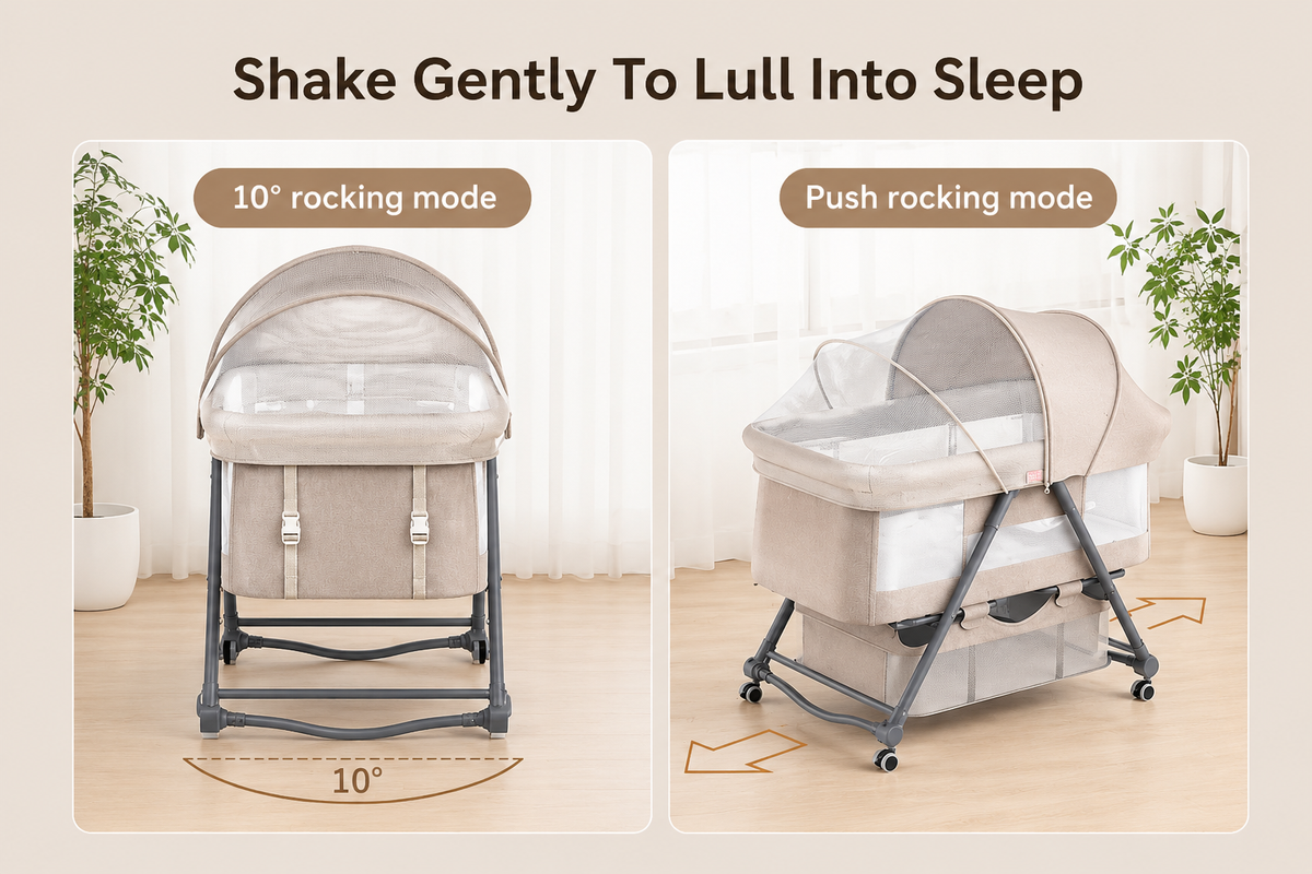 Baby Bassinet Bedside Sleeper with Mosquito Net, Portable Folding Crib, Breathable Mesh Sides, Storage Basket & Lockable Wheels for Newborns and Infants,Grey