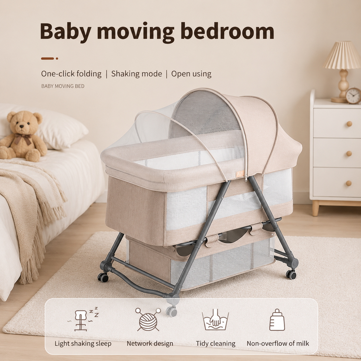 Baby Bassinet Bedside Sleeper with Mosquito Net, Portable Folding Crib, Breathable Mesh Sides, Storage Basket & Lockable Wheels for Newborns and Infants,Grey