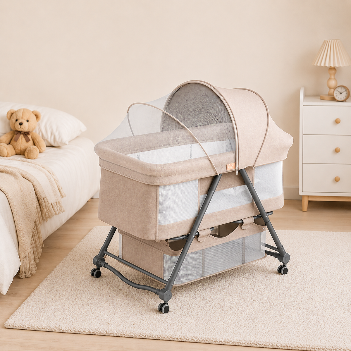 Baby Bassinet Bedside Sleeper with Mosquito Net, Portable Folding Crib, Breathable Mesh Sides, Storage Basket & Lockable Wheels for Newborns and Infants,Grey