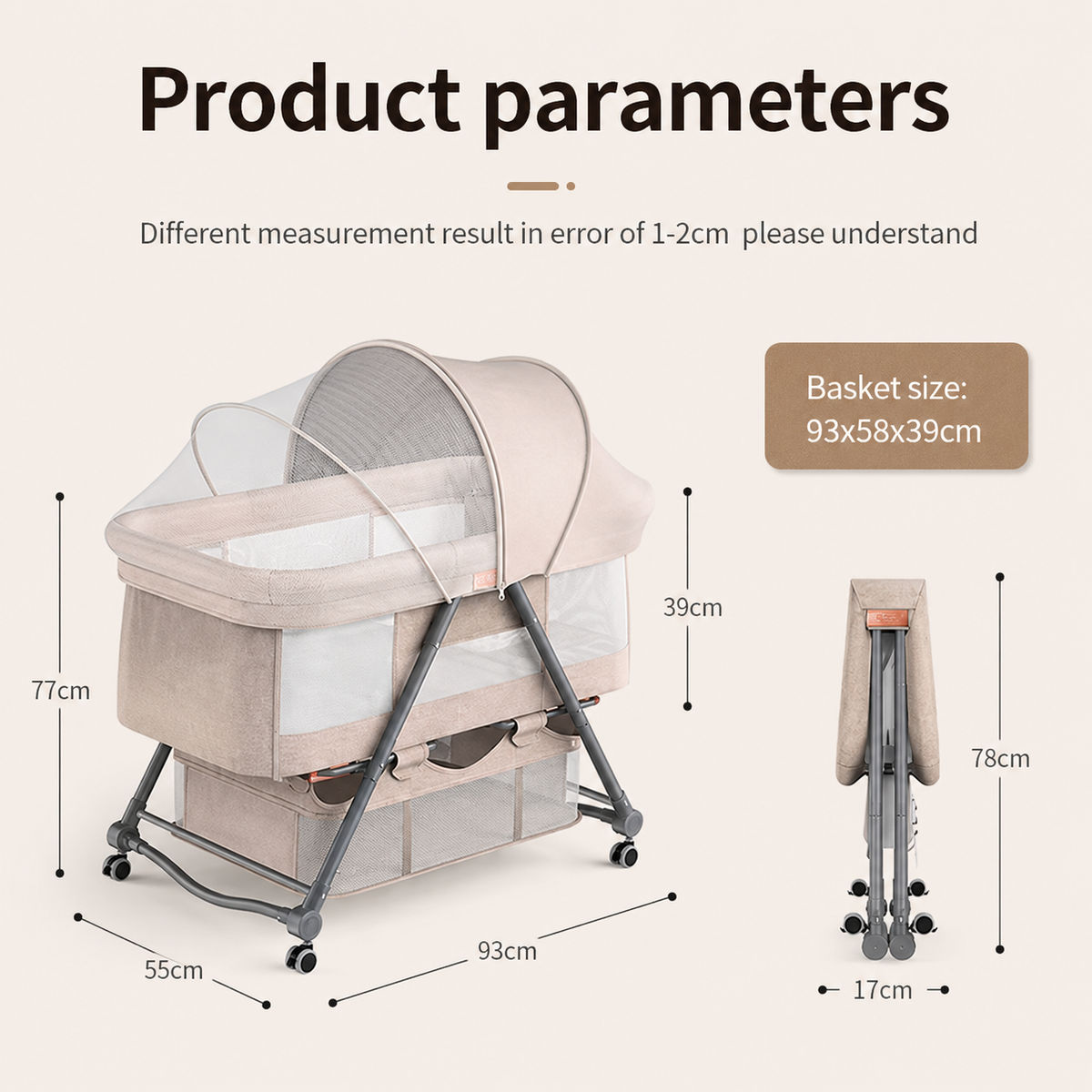 Baby Bassinet Bedside Sleeper with Mosquito Net, Portable Folding Crib, Breathable Mesh Sides, Storage Basket & Lockable Wheels for Newborns and Infants,Grey