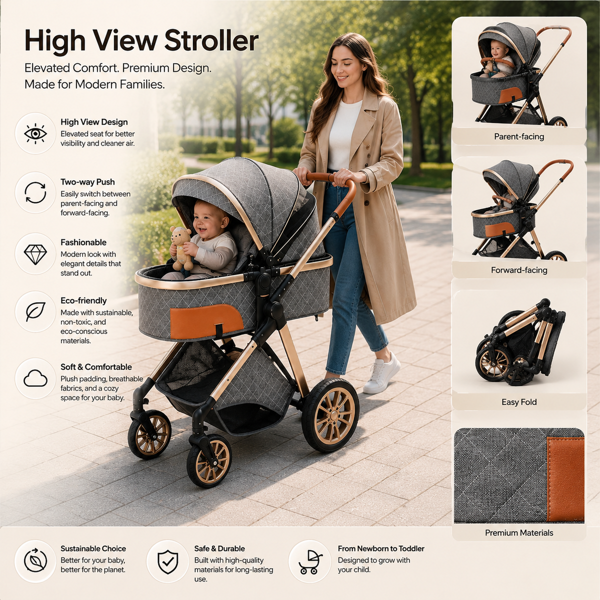 Luxury 2-in-1 High View Baby Stroller & Bassinet Pram | One-Hand Fold | Reversible Seat | Australian Standard Tested | Grey