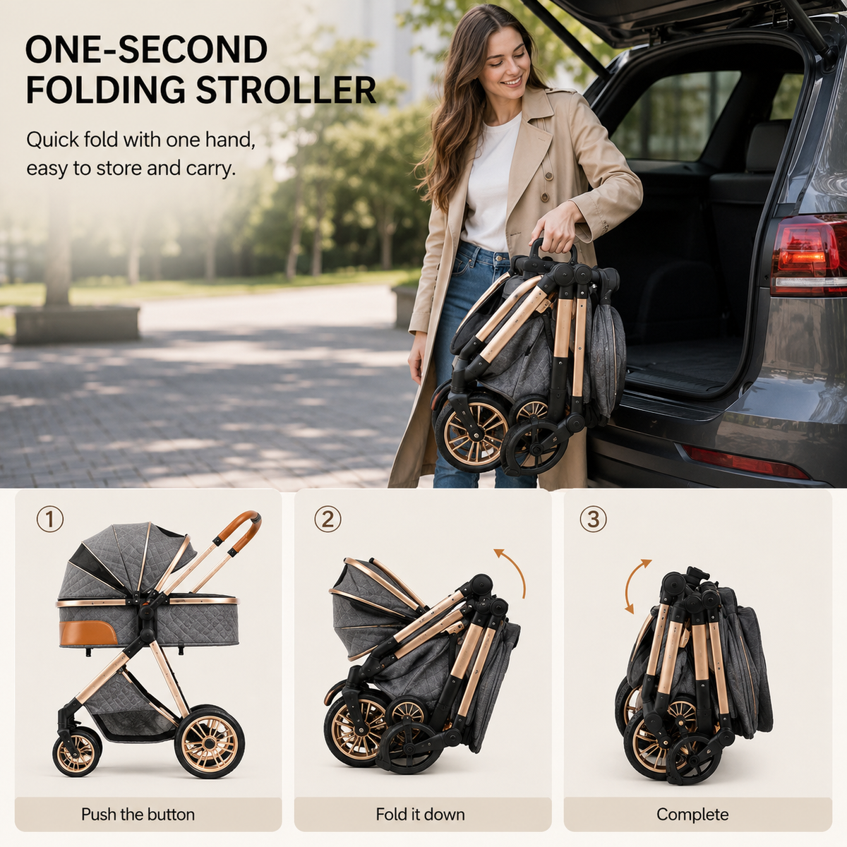 Luxury 2-in-1 High View Baby Stroller & Bassinet Pram | One-Hand Fold | Reversible Seat | Australian Standard Tested | Grey