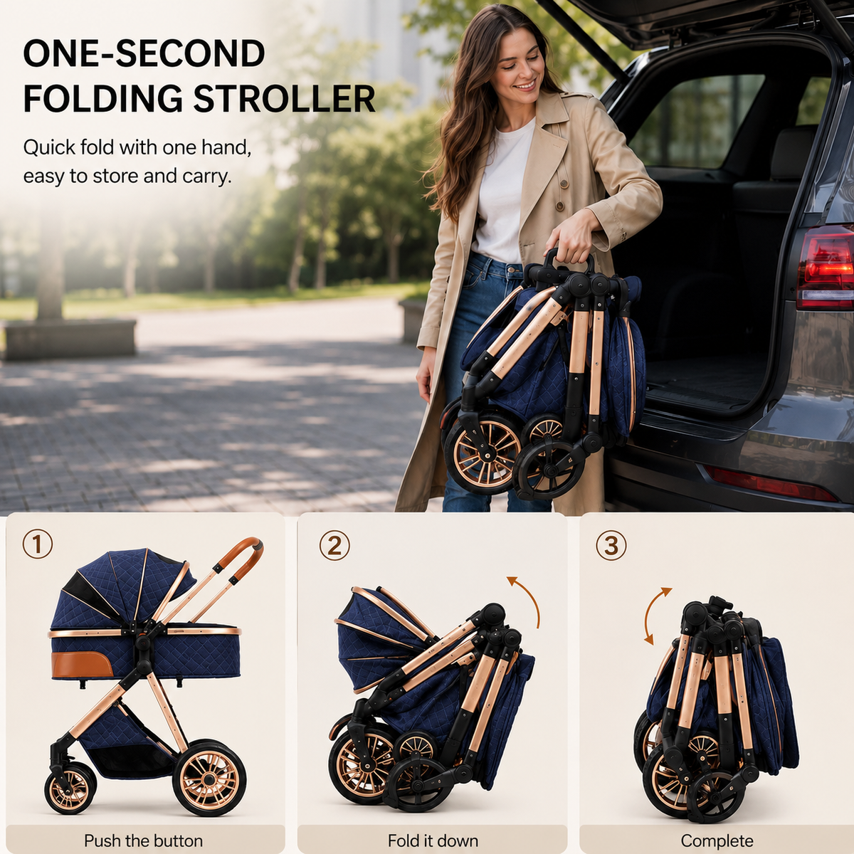 Luxury High View Baby Stroller & Bassinet Pram | One-Second Fold | Lightweight Aluminum Frame | 300D Linen Fabric | EVA Wheels | Australian Standard Tested | Grey