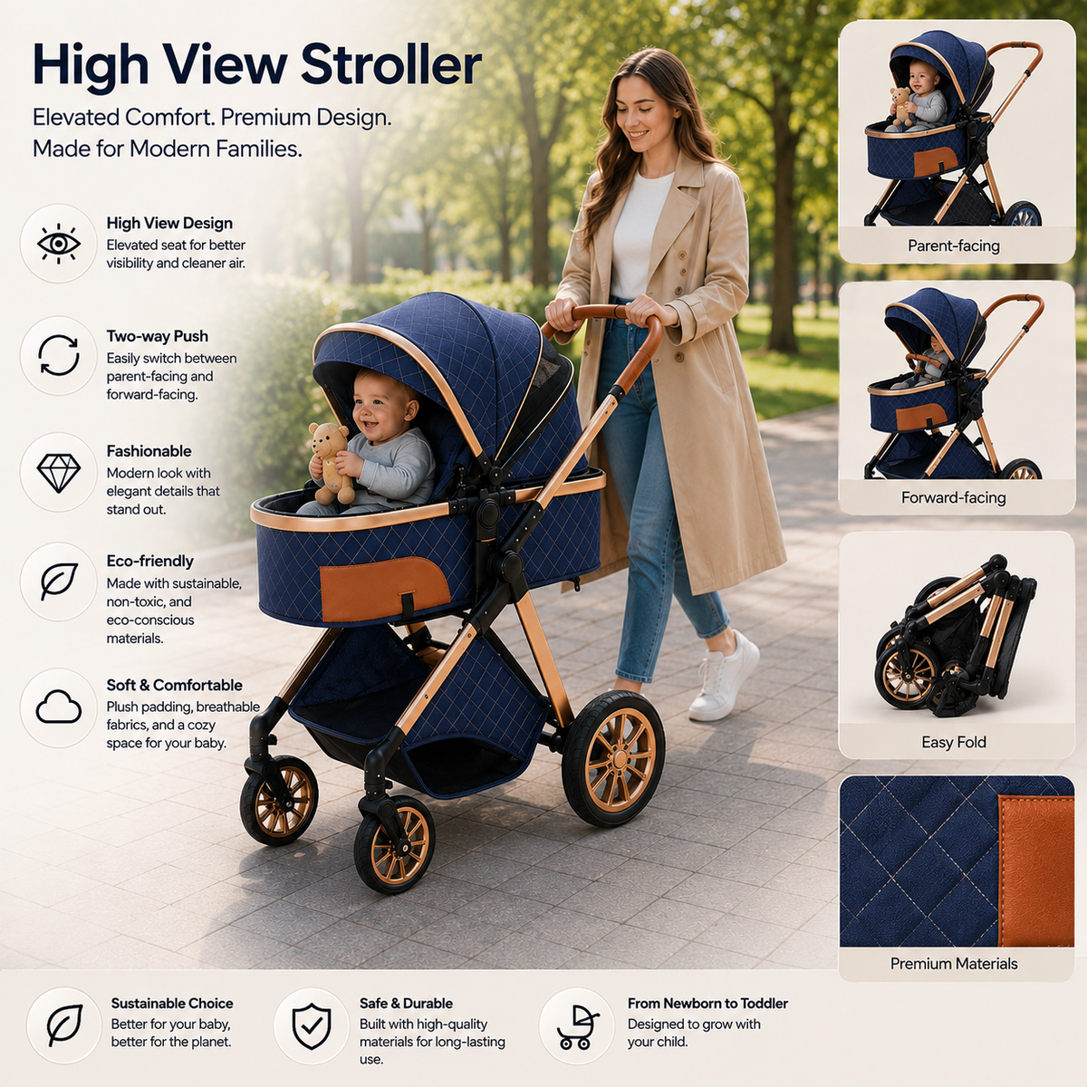 Luxury High View Baby Stroller & Bassinet Pram | One-Second Fold | Lightweight Aluminum Frame | 300D Linen Fabric | EVA Wheels | Australian Standard Tested | Grey