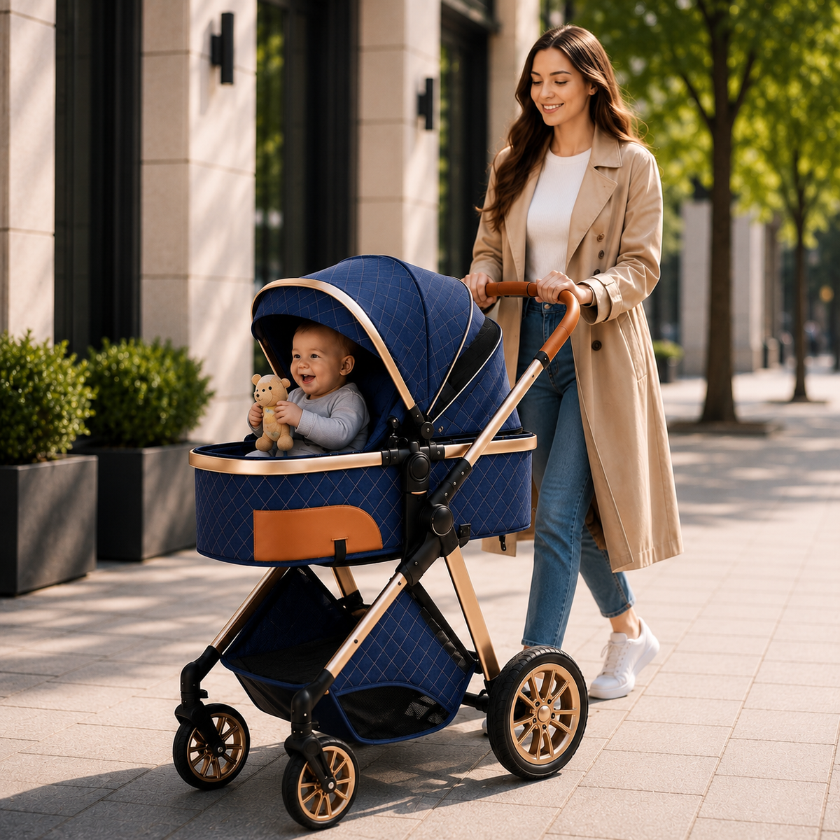 Luxury High View Baby Stroller & Bassinet Pram | One-Second Fold | Lightweight Aluminum Frame | 300D Linen Fabric | EVA Wheels | Australian Standard Tested | Grey