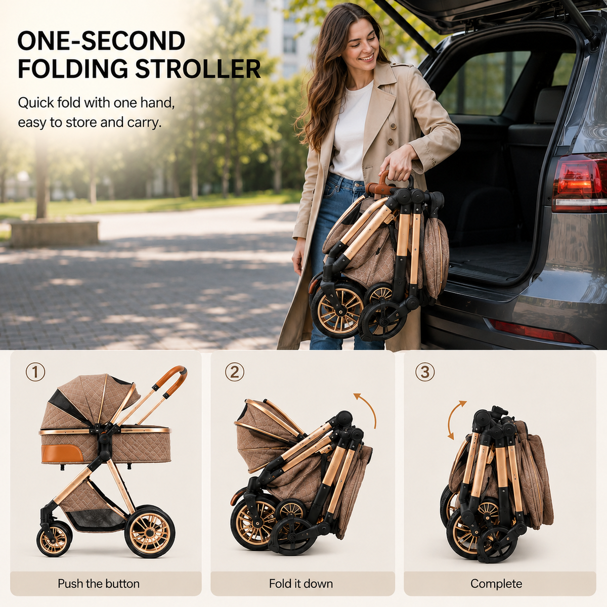 Luxury High View Baby Stroller & Bassinet Pram | One-Second Fold | Lightweight Aluminum Frame | 300D Linen Fabric | EVA Wheels | Australian Standard Tested | Brown