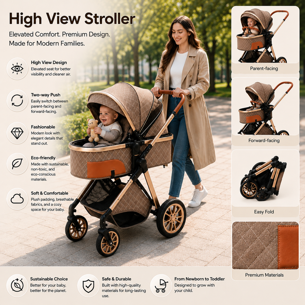 Luxury High View Baby Stroller & Bassinet Pram | One-Second Fold | Lightweight Aluminum Frame | 300D Linen Fabric | EVA Wheels | Australian Standard Tested | Brown