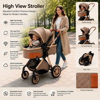 Luxury High View Baby Stroller & Bassinet Pram | One-Second Fold | Lightweight Aluminum Frame | 300D Linen Fabric | EVA Wheels | Australian Standard Tested | Brown