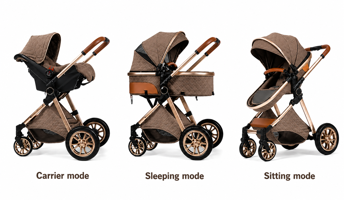 Luxury High View Baby Stroller & Bassinet Pram | One-Second Fold | Lightweight Aluminum Frame | 300D Linen Fabric | EVA Wheels | Australian Standard Tested | Brown
